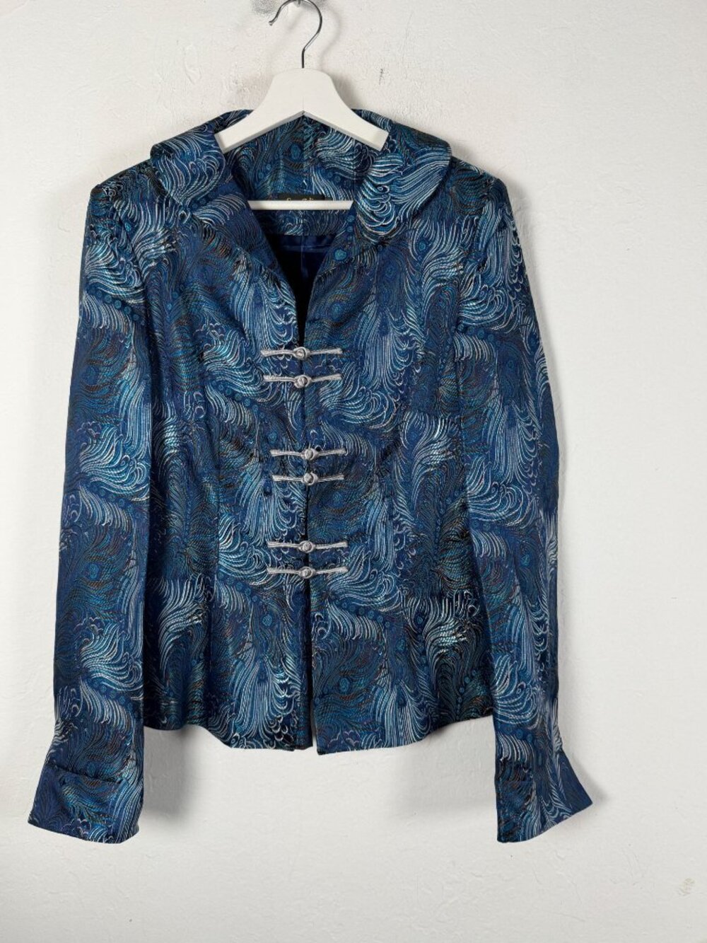 LanVie Peacock Brocade Jacquard Blazer Jacket Size 8 Blue Silk Blend Metallic